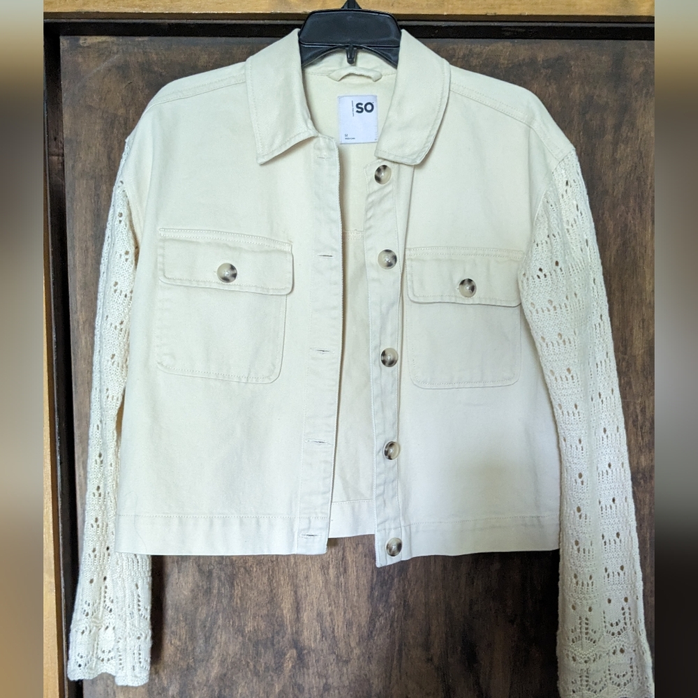 SO Women's Cream Jean Jacket with Crochet Sleeves